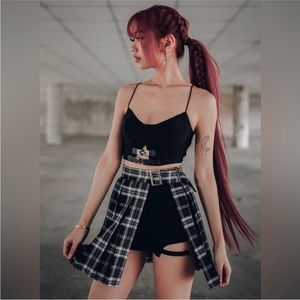 EUC Lychee the Label Latte Adjustable Side Slit Plaid School Girl Skirt